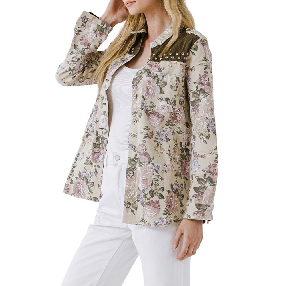 Endless Rose Floral Green Jeweled Denim Jean Chore Jacket Boho‎ Size Medium